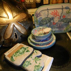 NEW American Atelier Deep Sea Turtle Print Dinner Ware Big Bundle 17 Peice
